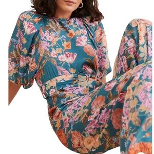 Anthropologie Kachel Blue Floral Balloon Sleeve Jumpsuit Pantsuit